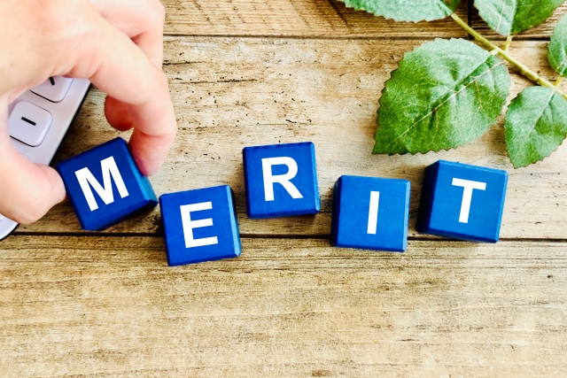 MERITと書かれtた青いブロック ブロックを摘まむ手 植物の葉